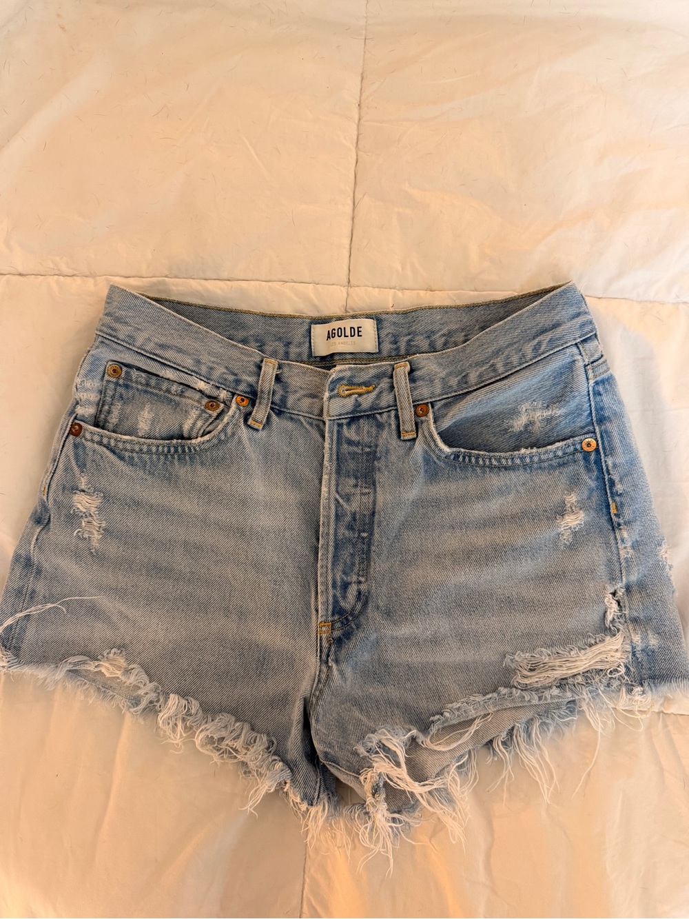 Agolde Light Wash Distressed High-Rise Denim Shorts